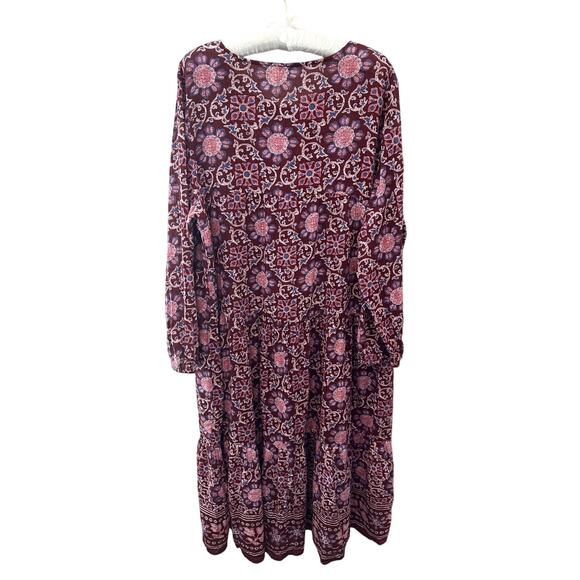 AERIE | Boho Floral Tiered Midi Dress Burgundy Pink Long Sleeve | XL - Picture 5 of 6